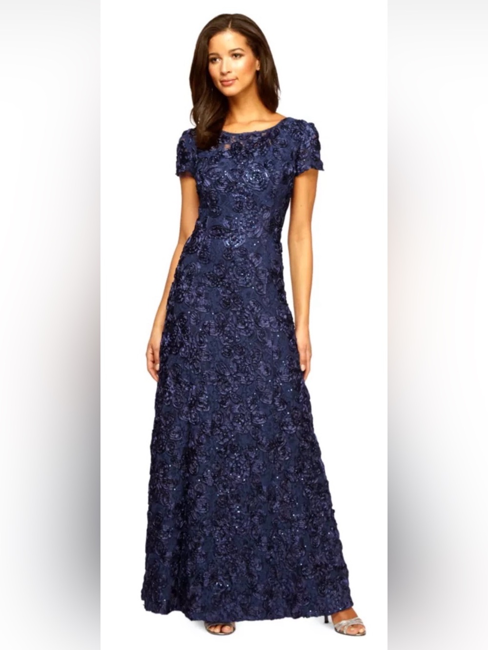 Alex Evenings Navy 3D Rosette Soutache Sequin Mother of Bride Gown Sz 10 Formal